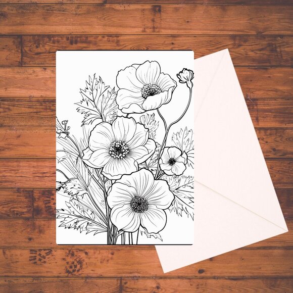 8 Wildflowers A7 Coloring Cards Set: Adult DIY Coloring Kit with Envelopes - Picture 6 of 9